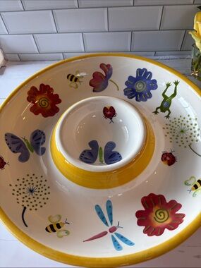 Colorful Floral & Bug Ceramic Chip and Dip Bowl - Yellow Trim